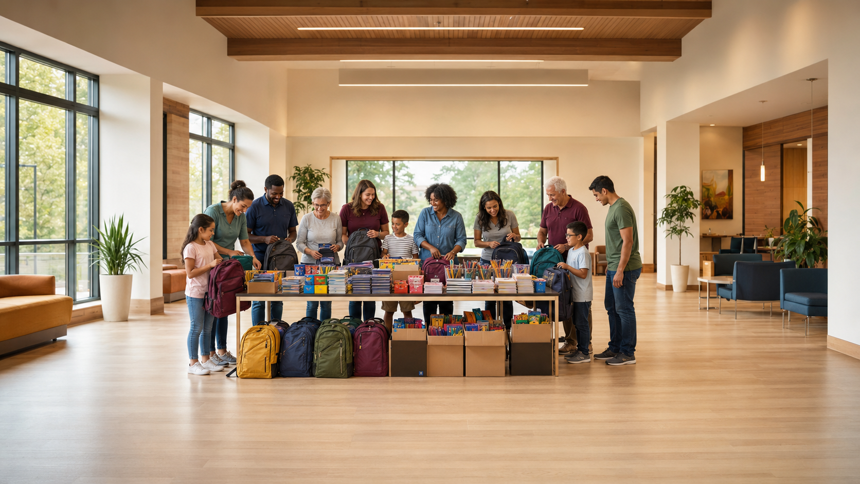 Neighbors volunteering together at a local school-supply drive
